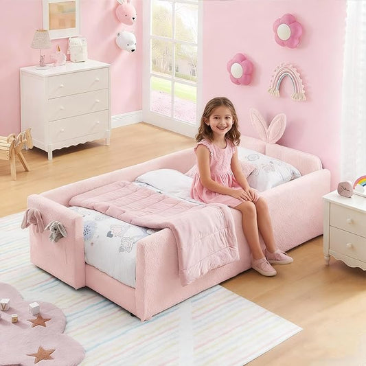 Twin Bed with Rails, Montessori Bed Frame for Toddlers, Boucle Upholstered Platform Bed with Rabbit Ear Headboard, for Kids & Teens, Pink