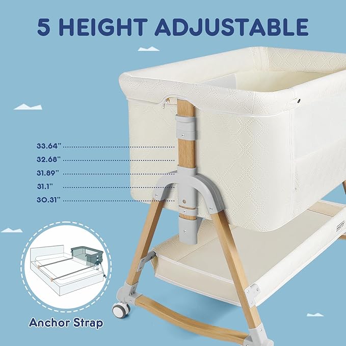 HARPPA Cuddly Bassinet, 3 in 1 Baby Bassinet, Rocking Bedside Bassinet with Wheels, 5 Height Adjustable, Includes Mosquito Net, Mattress, Anchor Strap