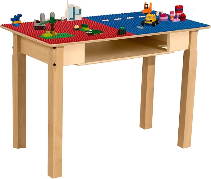 Time-2-Play 30.75" W Rectangular Montessori Red & Blue Lego Compatible Blocks Play Table with 22" Long Legs, Birch Plywood Activity Desk for Kids, Solid Wood Table for Playroom