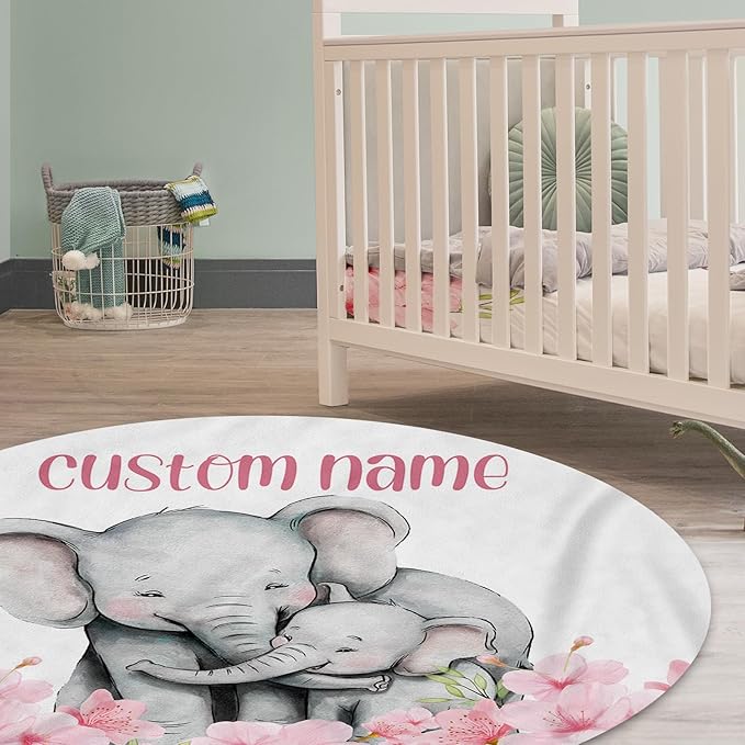 Custom Baby Crib Bedding Set,Personalized Name Pink Flower Elephant Nursery Bed Set 4 Piece,Baby Blanket Fitted Sheet Nursery Rug Wall Art Set,Custom Room Decor Idea Gift for Newborns Boys Girls
