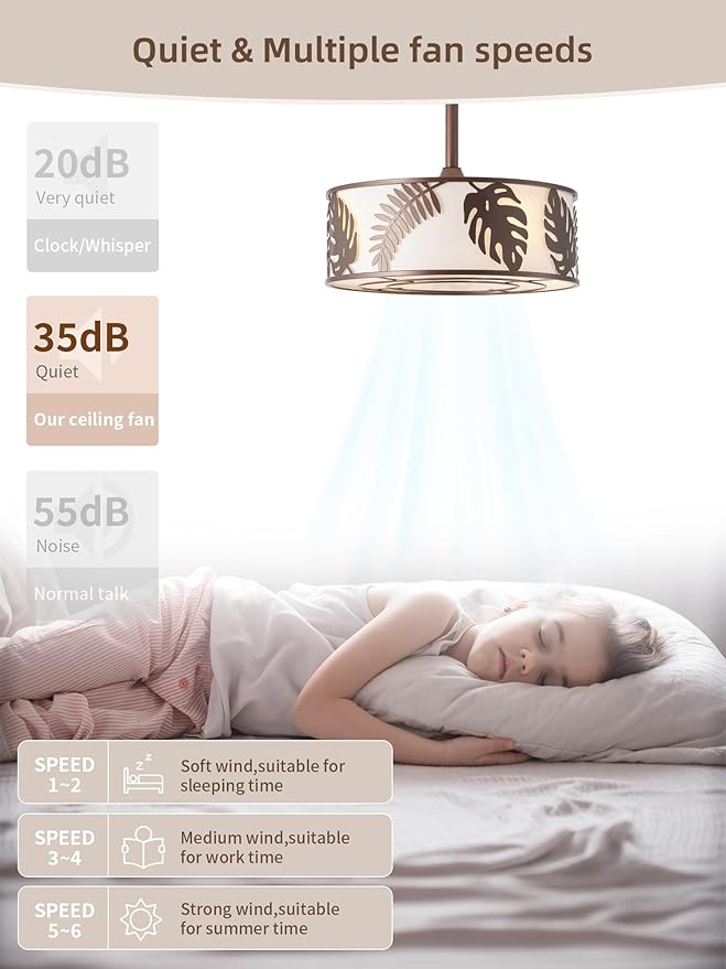 20" Farmhouse Rustic Caged Ceiling Fan with Light, Brown Fandelier Ceiling Fan with Light, Brown Bladeless Caged Fandelier for Bedroom, Nursery, Living Room