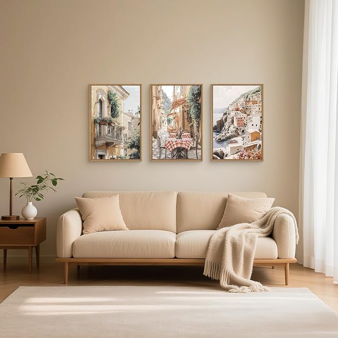 HLNIUC Vintage Italy Street Wall Art Set of 3, the Mediterranean Italian Countryside Wall Decor(24x36), Modern Cityscape Coastal Town Nature Scenery Canvas Painting for Living Room, Bedroom, Office