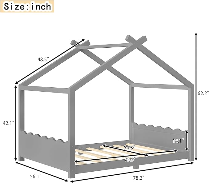 Full Size Wooden House Floor Bed - Kids Bed Frame with Roof & Support Slats for Bedroom, No Box Spring Needed, Easy Assembly (Grey)