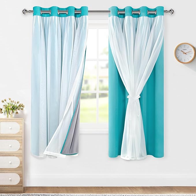 XWZO 100% Blackout Curtains with Sheer Overlay, Double Panel Grommet Thermal Insulated Privacy Curtains with Black Liner for Bedroom, Living Room, 2 Panels with Tiebacks, 52x63, Turquoise