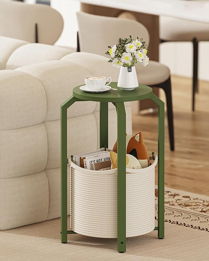 TUTOTAK Small Side Table, Round End Table, Night Stand, Bedside Table, Sofa Table with Storage Basket, Living Room, Bed Room, Olive Green TB01BOG0922