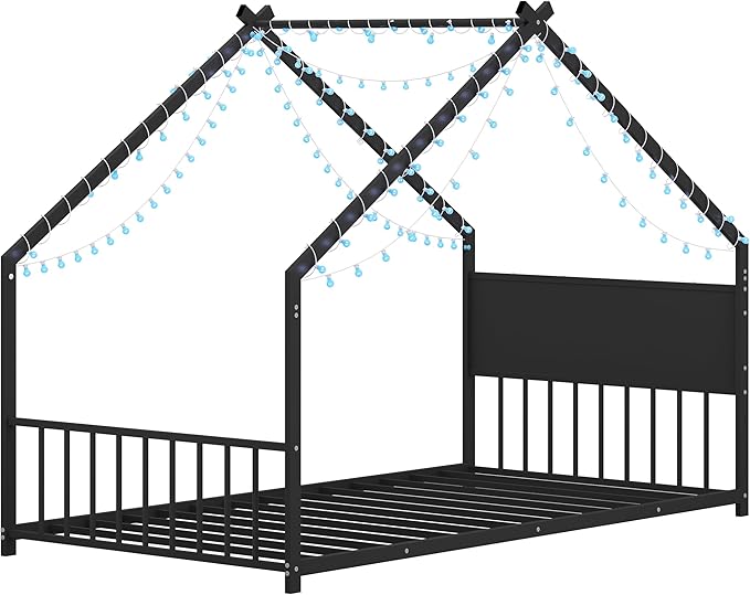 Ball & Cast Twin Size Floor Bed,Low to Ground Montessori Bed with Roof & Colorful LED Lights,Toddler House Bed Frame W/Slats and Legs,No Box Spring Needed,for Girls Boys,Black