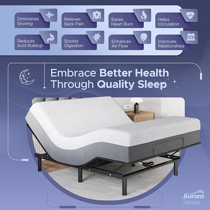 Celestial Sleep Aurora Adjustable Bed Base (Frame) + 12 inch Gel Memory Foam Mattress (Medium Soft), Easy Assembly, Head and Foot Lift, Zero Gravity, Memory Positions, CertiPUR-US Bed - Full