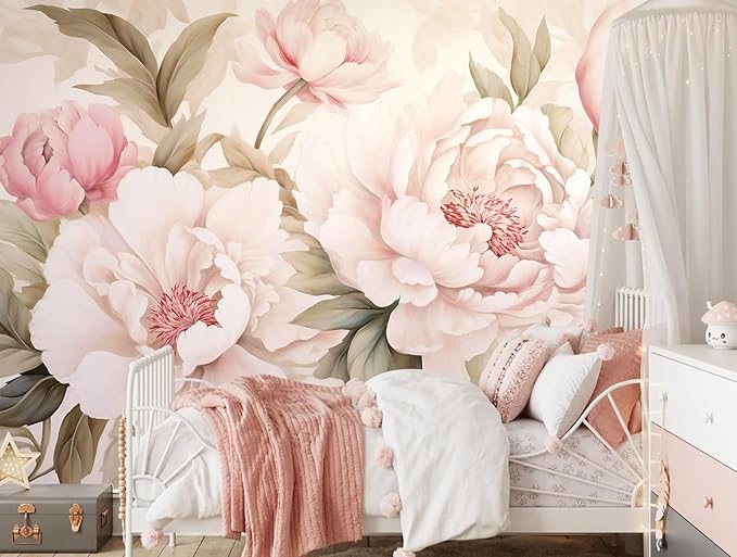 Pink Floral Wallpaper Peel and Stick Large Peony Flower Self Adhesive Wall Mural for Living Room Bedroom 82"x57"