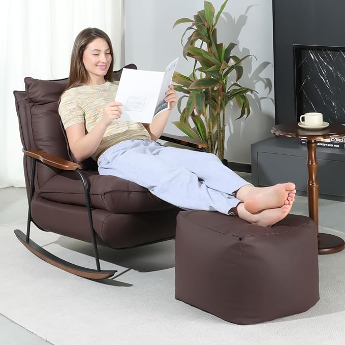 zyz Rocking Chair with Ottoman and Pillow, Mid-Century Modern Recliner, Reclining Nursery Rocker, Wood Armchair, 25° Rocking Motion, Lazy Sofa for Living Room Bedroom Balcony, PU Leather (Dark Brown)