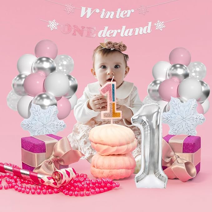 First Birthday Decorations For Girl-Girl Winter Onederland 1st Birthday, Pink White Snowflake Balloons, 40 Inch Silver 1 Balloon And Winter Onederland Banner For Baby Girl 1st BD Decorations