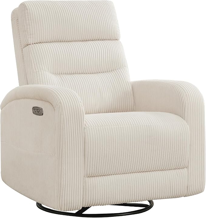 Power Glider Recliner Nursery Rocking Chairs with USB, Electric Swivel Rocker Recliner Glider Chair for Living Room, Upholstered Recliner Chairs for Nursery, Bedroom, Corduroy White