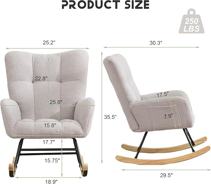 Nursery Rocking Chair Teddy Upholstered Glider Rocker Rocking Accent Chair with High Backrest Armchair Comfy Side Chair for Living Room, Bedroom, Offices (Light Gray)