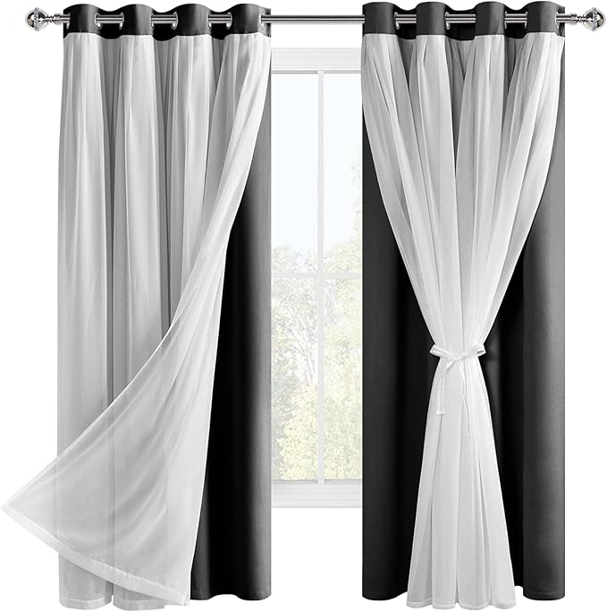 Hiasan Black Blackout Curtains with Sheer Overlay, Grommet Thermal Insulated Privacy Mix and Match Double Layer Window Curtains for Girls Bedroom, Living Room, 2 Drape Panels with Tiebacks, 52W X 63L