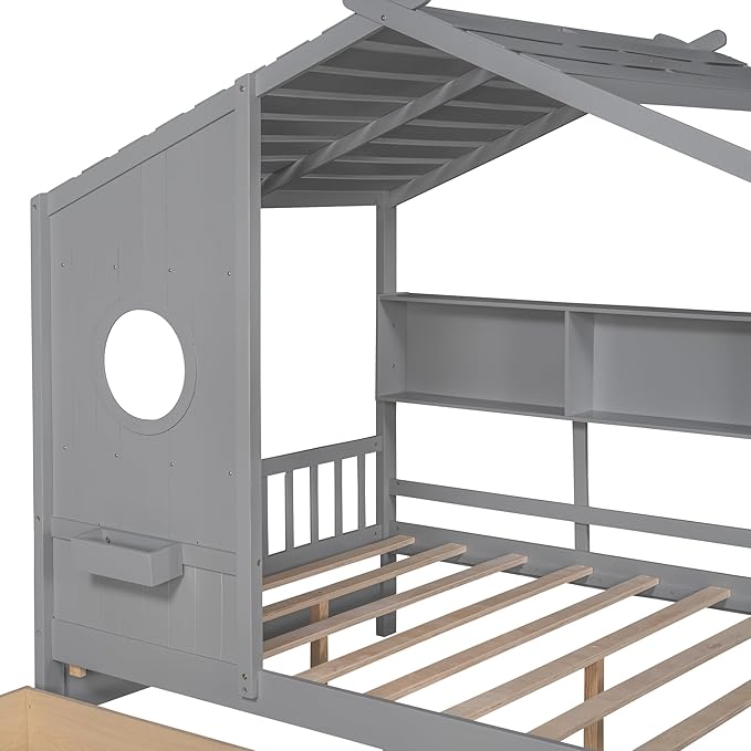 Merax Wood Full Multifunctional Montessori Daybed with Drawers/Storge Shelves, Low House Bed for Kids Boys Girls,Easy Assemble, Gray