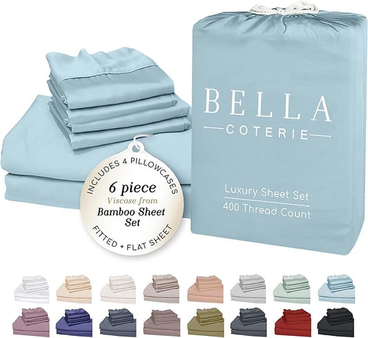 Bella Coterie 6 Piece Luxury Bamboo Viscose California King Size Sheet Set | 100% Organically Grown | Cooling for Hot Sleepers | 18" Deep Pocket | Soft & Hypoallergenic | 4 Pillowcases [Coastal Blue]