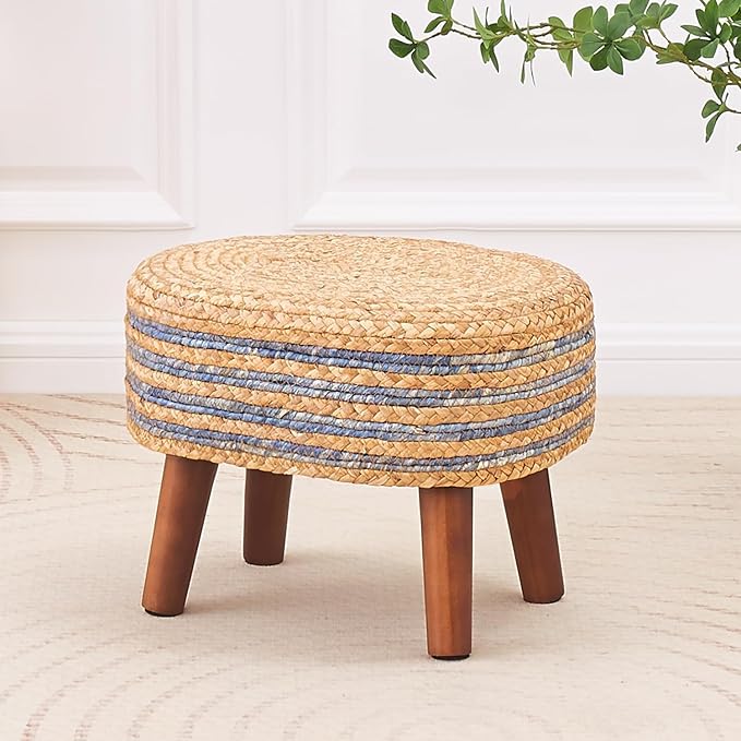 Cpintltr Round Ottoman Natural Seagrass Footstool Hand Weave Water Hyacinth Poufs Eco Friendly Sofa Foot Stool Soft Step Stool Padded Foot Rest with Pine Legs for Living Room (Blue and Primary)