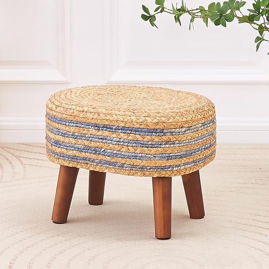 Cpintltr Round Ottoman Natural Seagrass Footstool Hand Weave Water Hyacinth Poufs Eco Friendly Sofa Foot Stool Soft Step Stool Padded Foot Rest with Pine Legs for Living Room (Blue and Primary)
