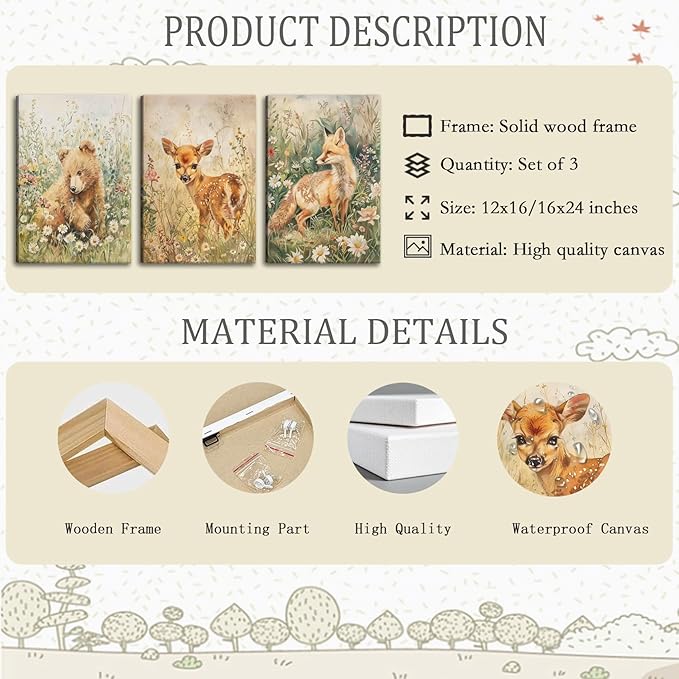 3Pcs Woodland Animal Nursery Canvas Wall Art Forest Animal Nursery Poster Prints Cute Wild Animals Painting Bear Deer Fox Artwork Picture Wall Decor for Boys Girls Room Playroom 12x16in Framed