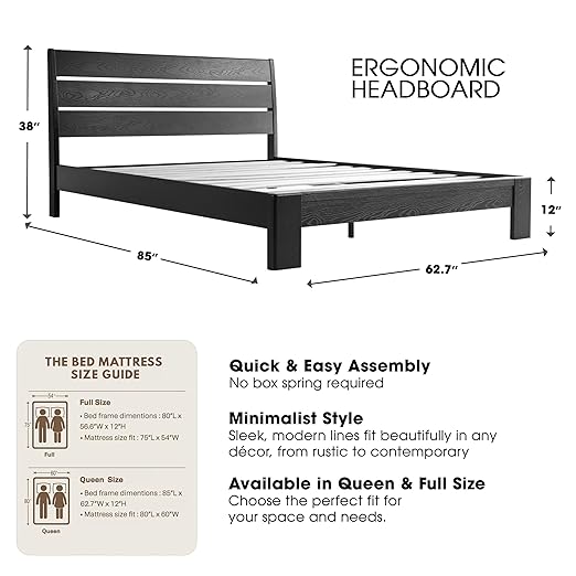 Queen Size Solid Wood Platform Bed Frame with Headboard & Footboard, Metal Legs with 12 Durable Slatted Base, Easy Assembly, No Box Spring Needed, Noise-Free & Anti-Slip, Ebony Oak Finish, QIQ-35