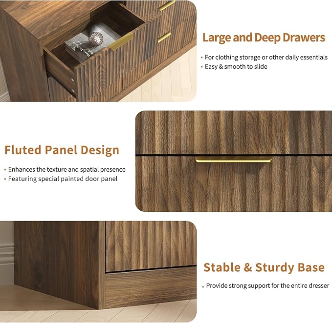 Fluted Wood Dresser for Bedroom,63” Wide 9 Drawer Dresser Mid Century Chest of Drawers Wooden with Gold Handles,Dressers TV Stand Storage Organizer for Closet,Bedroom,Living Room, Walnut
