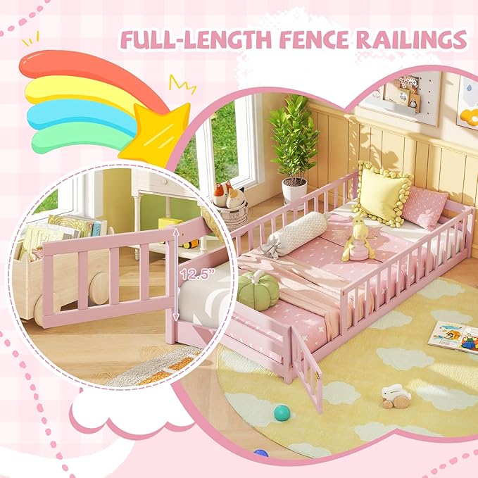 Giantex Twin Floor Bed with Door & Fence, Kids Wood Montessori Beds with Safety Guardrails, Floor Bed Twin for Kids, Boys, Girls, No Box Spring Needed, Pink