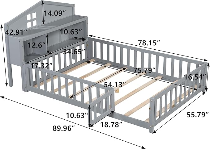 Bellemave Full Size Floor Bed for Kids, Girls, Boys, Solid Wood Montessori Bed with Storage headboard, Door, Storage, Grey