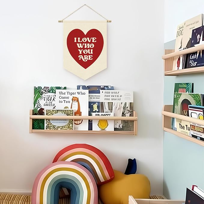 I Love Who You Are Wall Hanging Pennant Flag Banner, Red Heart Decor, Trendy Gift for Nursery Baby Kids Girl Boy Teen Bedroom Playroom Front Door