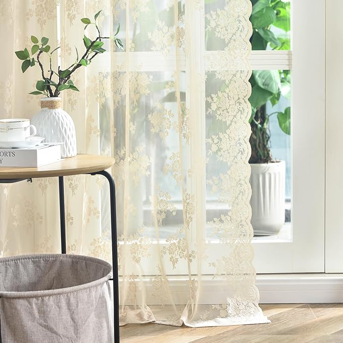 Kotile Short Lace Curtains 30 Inch Length 2 Panels Rustic Floral Retro Beige Kitchen Lace Curtains for Small Window, Rod Pocket Privacy Sheer Cafe Curtain Over Sink Cabinet, 42 x 30 Inch
