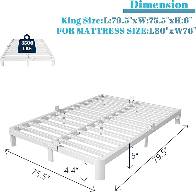 6 Inch King Size Bed Frame with Metal Gaskets, White Bed Frame King Size No Box Spring Needed, Heavy Duty Steel Platform Support, Round Corner Design, Noiseless, Easy Assembly
