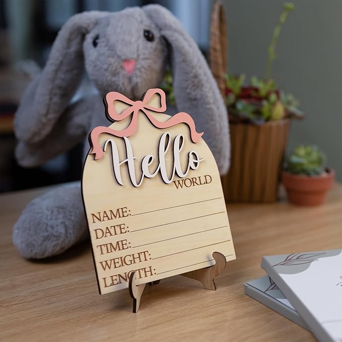 Baby Announcement Sign 6.5 Inch Wooden Hello World Newborn Welcome Sign Birth Name Plaques for Photo Props Shower Hospital Nursery (Wood Bow)