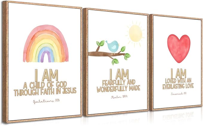 3Pcs Nursery Bible Verse Canvas Wall Art Colorful Rainbow Motivational Affirmation Wall Decor Pictures Christian Kids Scripture Introduction Posters Prints for Kids Room Nursery Home Decoration