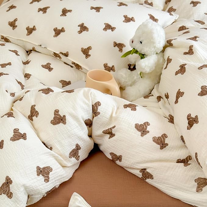 AOJIM 2-Layer Muslin Kids Adults Duvet Cover 1 Piece, Super Soft Cotton Bedding Duvet Cover with Cute Brown Bears Pattern for Girls and Boys, Breathable Durable Comforter Cover 79X90'', Room Decor