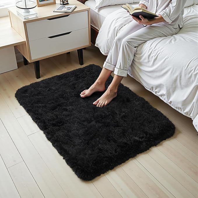 Area Rugs for Bedroom Living Room, 4x6 Soft Large Fluffy Fuzzy Shag Plush Furry Carpet, Soft Indoor Floor Mat for Kids Nursery Home Dorm Office Decor Aesthetic, Black