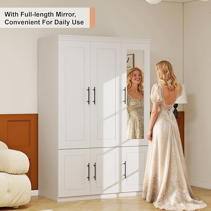 3 Door Armoire Wardrobe Closet with Mirror: White Wood Wardrobe Closet Cabinet Wooden Bedroom Armoire with Hanging Rods for Home/Bedroom/Living Room