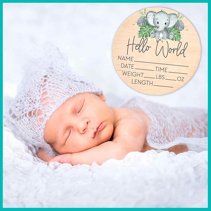 Birth Stat Sign for Newborn - Baby Name Announcement - Hello World Elephant Hospital Photography Prop - Jungle Safari