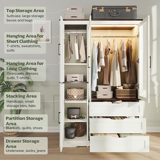 Concho 73'' Tall Farmhouse Armoire Wardrobe Closet with LED Light, Wood Wardrobe Closet Collection with 4 Doors 3 Drawers, Clothing Storage Cabinet with 4 Adjustable Shelves, Antique White