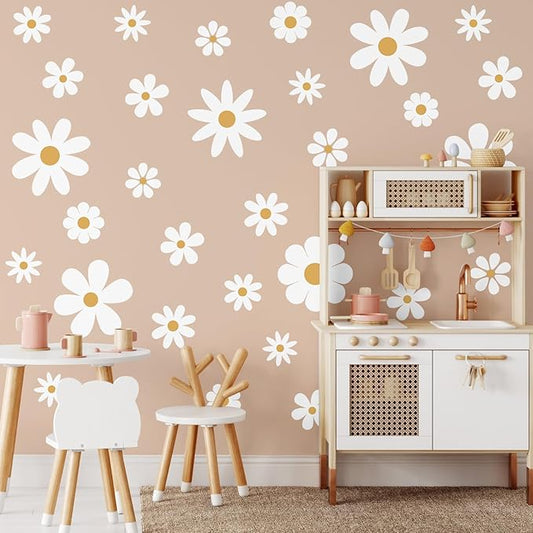 TaoBary 12 Sheets Daisy Wall Decal Flower Wall Sticker Cute Daisy Sticker Pink White Flower Decal Peel and Stick Floral Wallpaper for Nursery Bedroom Home Decor(White, Yellow,Classic Style)