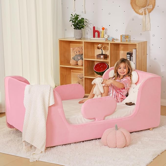 Toddler Bed, Whole Soft Padded Toddlers Floor Bed Frame, Kids Beds with Extra Safety Broad, Toddler Beds for Girls Boys Children - Standard Crib Size (Mattress NOT Included)