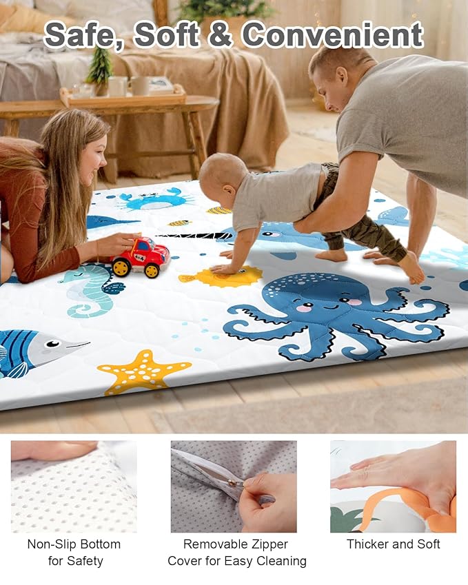 Premium Foam Baby Play Mat 50x50 – Removable & Machine Washable Cover, Extra Thick Padding Playpen Mat, Non-Slip Crawling Mat, Easy to Clean for Infants, Toddlers & Babies