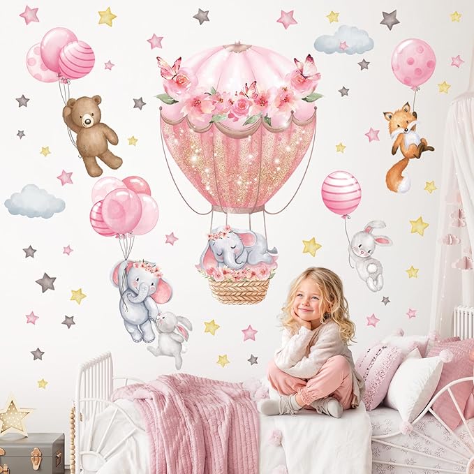 DECOWALL SG2-2408 Animal Hot air Balloon Balloons Wall Stickers Decals Flowers Elephant Bear Baby Nursery Bedroom Girls Toddler Pink Room Home Décor Decorations Kids Fox Rabbit Peel and Stick