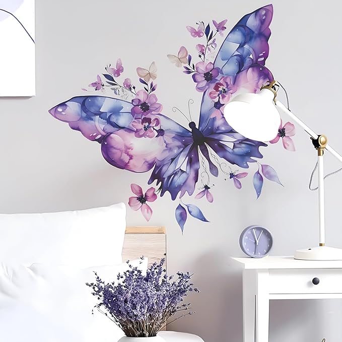Purple Butterfly Flower Wall Decals Large Blue Butterfly Stickers Colorful Art Decal Removable Peel and Stick Butterflies Wall Decor for Kids Girls Bedroom Nursery Bathroom Decorations