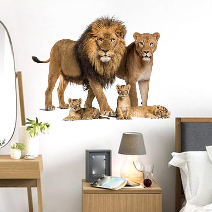 ROFARSO Lifelike Lovely Cute Lion Family Animal Vinyl Wall Stickers Removable Wall Decals Art Decorations Decor for Nursery Baby Bedroom Playroom Living Room Murals