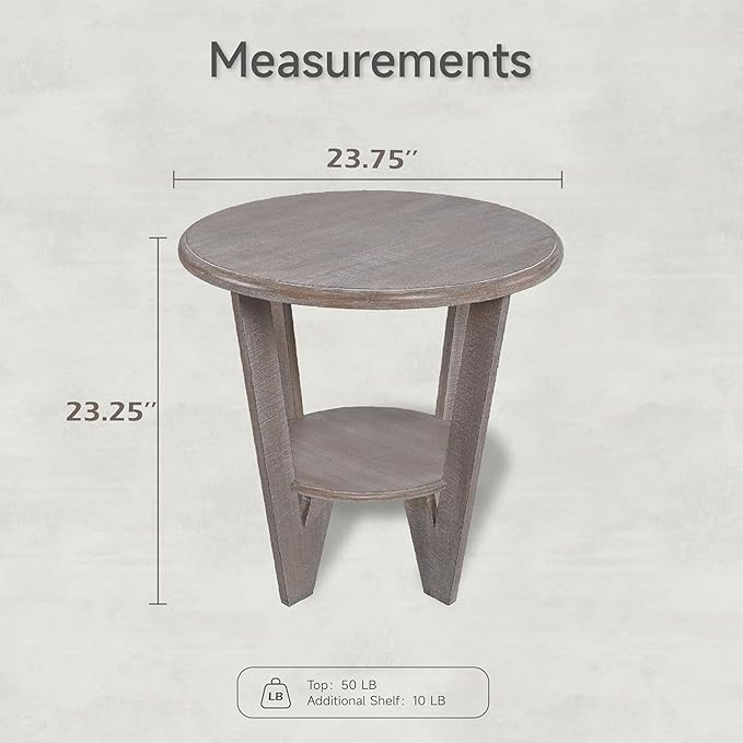 Set of 2 Rustic Farmhouse end Table with Storage Shelf, French Country Accent Side Table for Family, Dinning or Living Room, Small Spaces, Modern, Round, Vintage Grey Finish