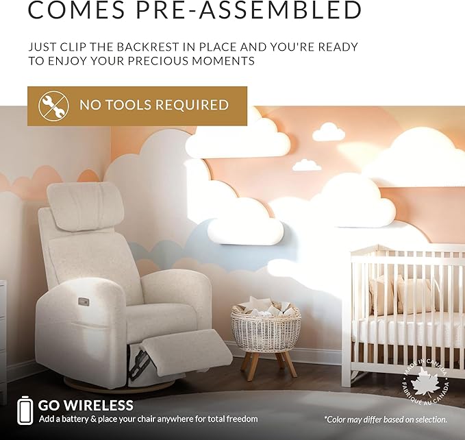 Jaymar Hailey Modern Nursery Glider Recliner Chair (Motorized) – Cozy Nursing Chair with 180° Swivel for New Parents, High Back & Low Armrests, Adjustable headrest, Canadian Made (Arlo Heather Pearl)