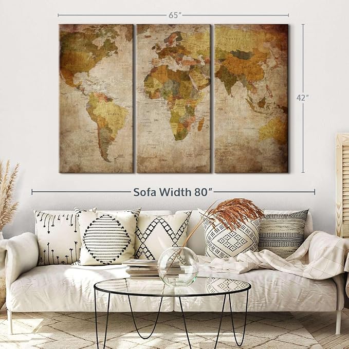 ElephantStock World Map Multi Piece Canvas - 3 Piece Canvas World Map Wall Decor - Wall Decor - Ready-to-Hang Print - Vintage Wall Art - 65" X 42"