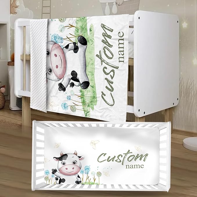 Personalized Crib Bedding Set for Boys Girls, Custom Baby Crib Sets with Name, Cows Theme Nursery Bedding, 2 Piece Baby Crib Sets - Soft Blanket with Double Layer Dotted Backing, Crib Fitted Sheet
