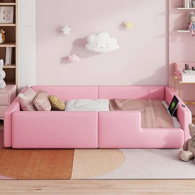 Twin Size Upholstered Platform Bed with Safety Guardrail, Montessori Kids Floor Bed, Child Grounded Bed with Charging Station and Sturdy Slats Support