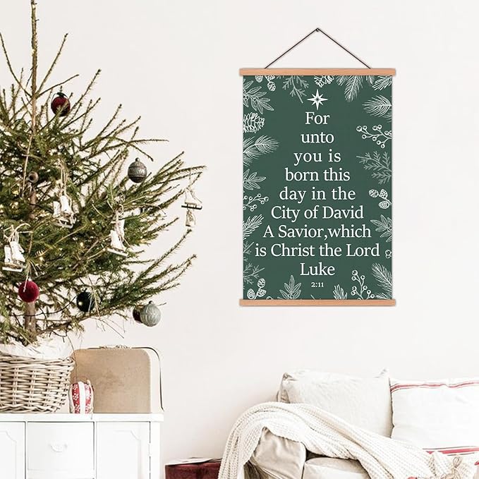 KAIRNE Christmas Wall Art,Christian Poster With Wooden Hanger(13.8”X22”),Green Snow Tree Picture,Xmas Bible Wall Decor,Christmas Gift for Friends Family Living Room Bedroom Farmhouse Decoration