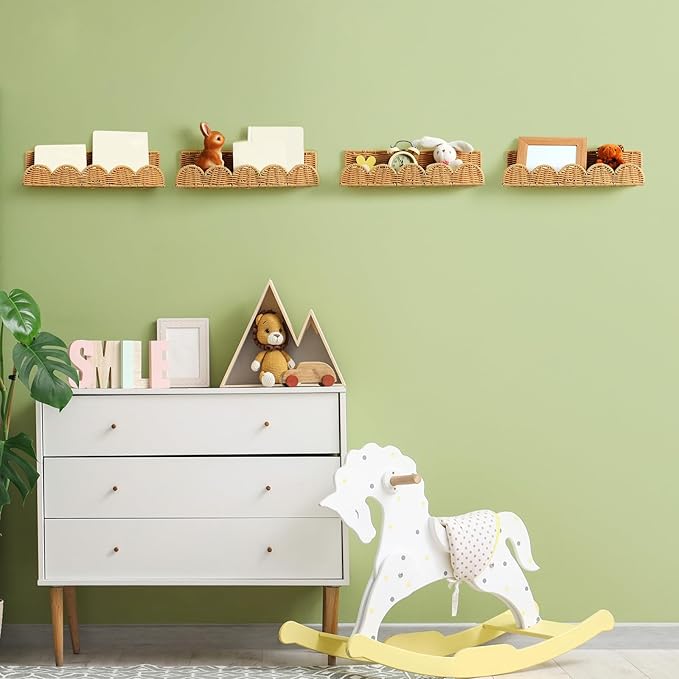 Pinkunn 4 Pcs Nursery Book Shelves 15.8 Inch Rattan Scalloped Floating Bookshelves Wicker Boho Book Shelf for Wall Mounted Decor Nursery Rooms Hanging (Classic)