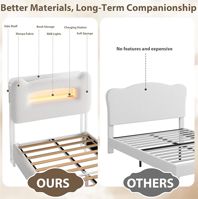 GarveeHome LED Twin Bed Frame with 2-Tier Storage Headboard, Upholstered Platform Bed with Charging Station and Drawer for Kids/Girls/Boys, Heavy Duty Metal Support, No Box Spring Needed, Beige